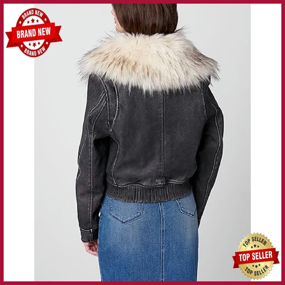 Mediumweight Vegan Leather Bomber Jacket with Faux Fur Collar - Picture 4 of 4